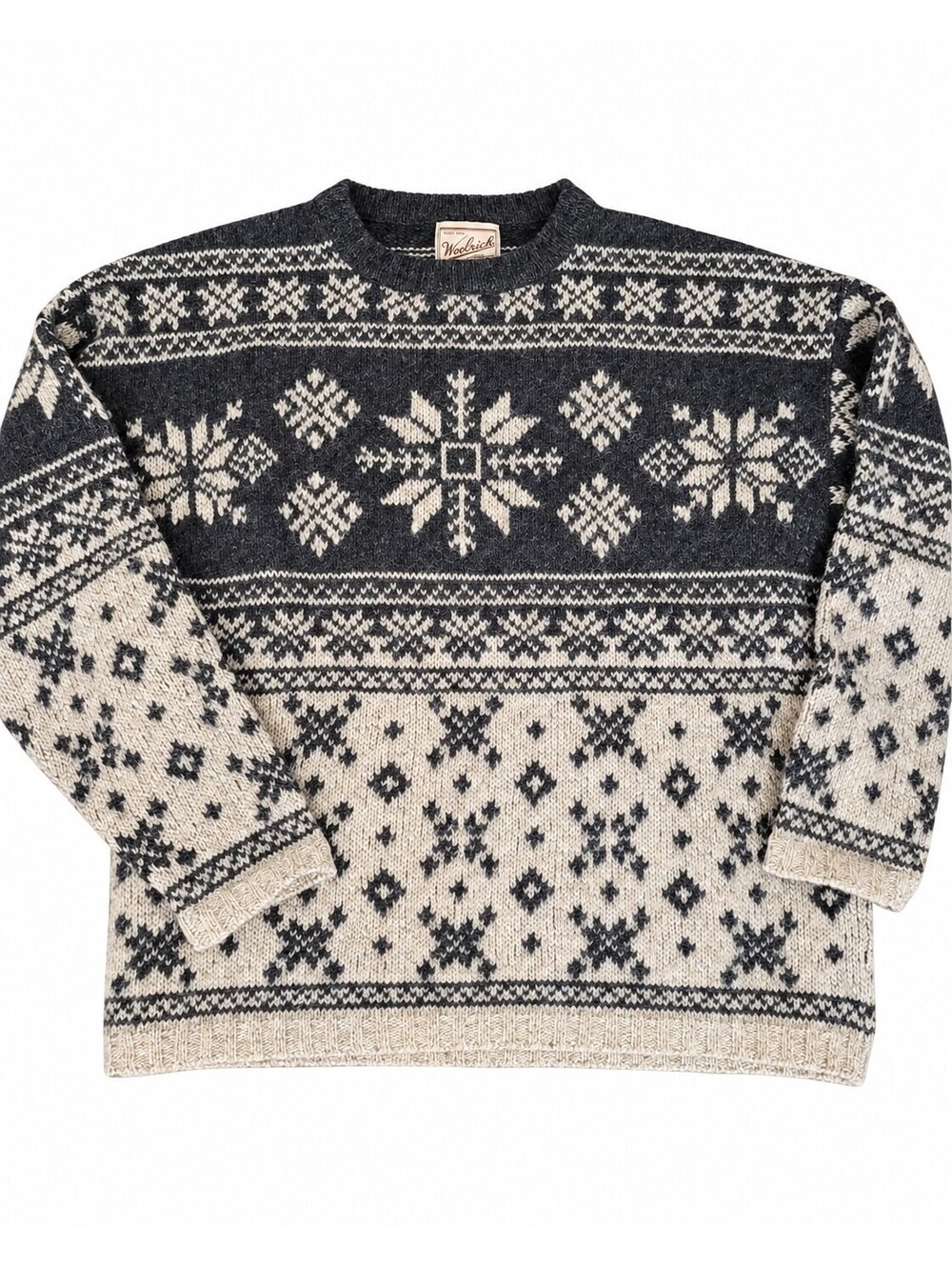 VTG 90's Woolrich Women's Lg Wool Fair Isle Snowflake Sweater USA Nordic Gray